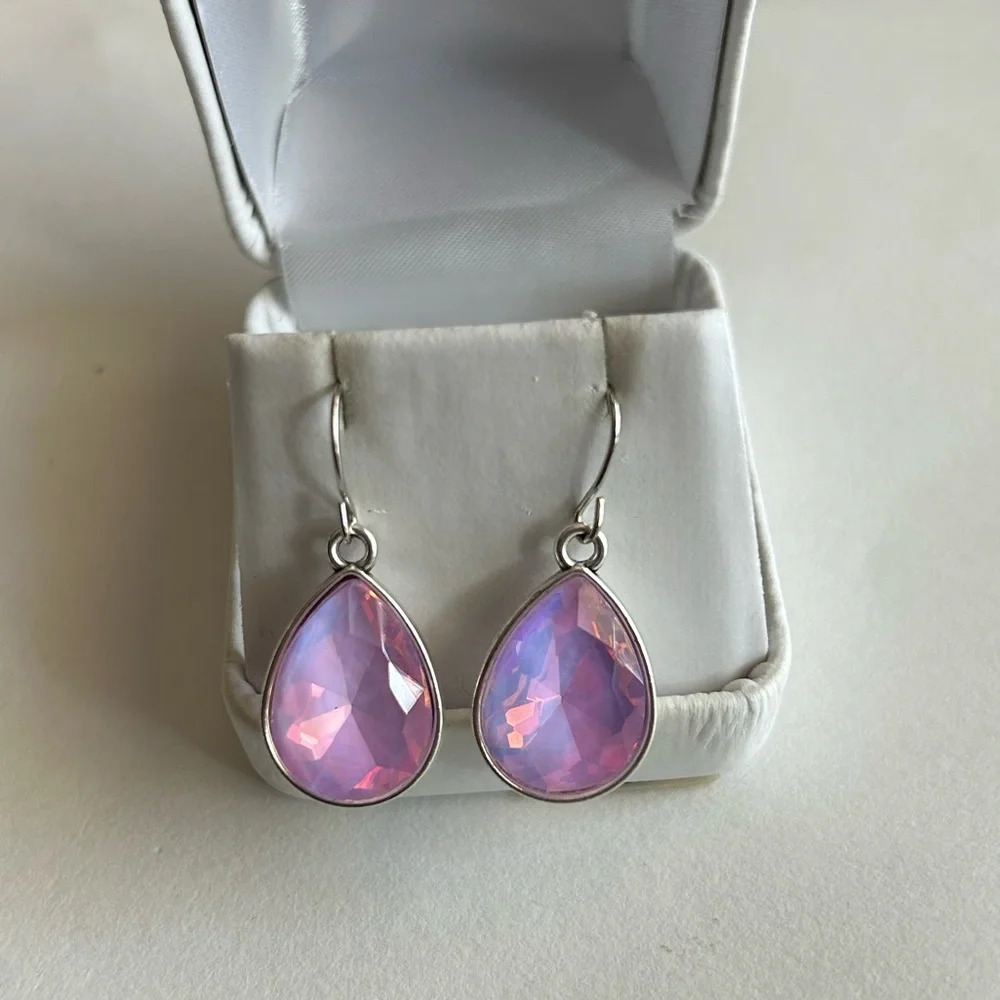 3/$20 Pink Crystal Shiny Teardrop Silver Tone Dangle Earrings